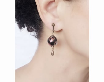 GlassOfVenice Orecchini A Clip In Vetro Di Murano - Rettangolari Cabochon Nero Con Cristalli