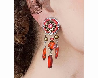 CLIPS on Earrings  Orange & Silver Clip earrings Dangle drop Filigree, Czech crystal ,French design, Hand made Nickel free Gift for her