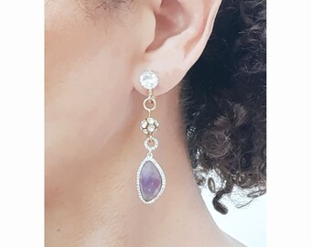 Boucles D'oreilles Clips En Bois Peint Violet - Occasion Bon état