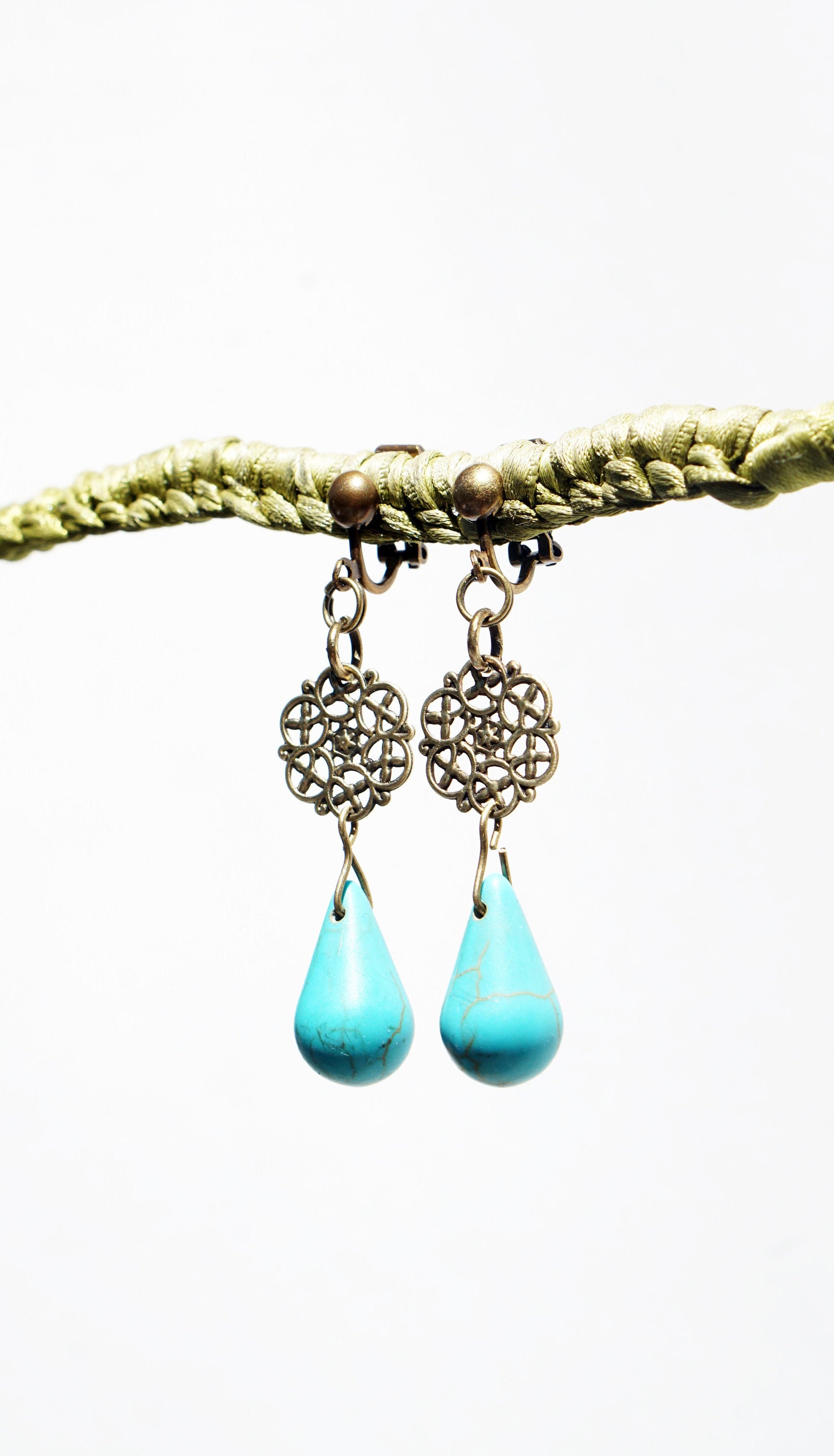 CLIP on earrings Clipson Turquoise & bronze earrings Long Etsy