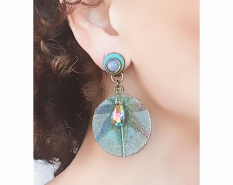 CLIP on earrings Patinated Brass Blue & Multicolor, stone, Crystal, leather, Rhinestone French design Hand made Nickel free Gift for her