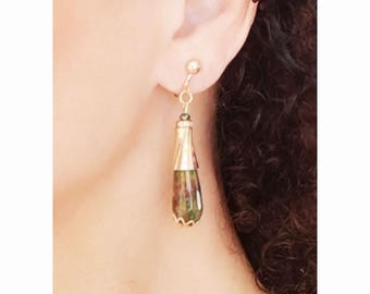 CLIP on earrings Green Agate Gem & Gold earrings Long teardrop dangle French design