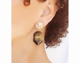 CLIPS イヤリング リアルストーン タイガーアイ & シルバー ドロップ