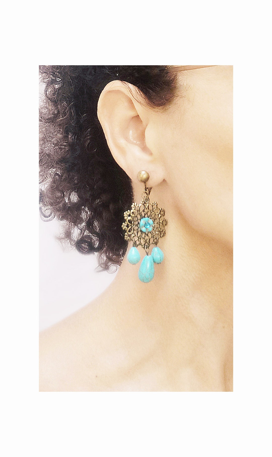 CLIP on Earrings Clipon Turquoise Gem Blue & Bronze Filigree Etsy