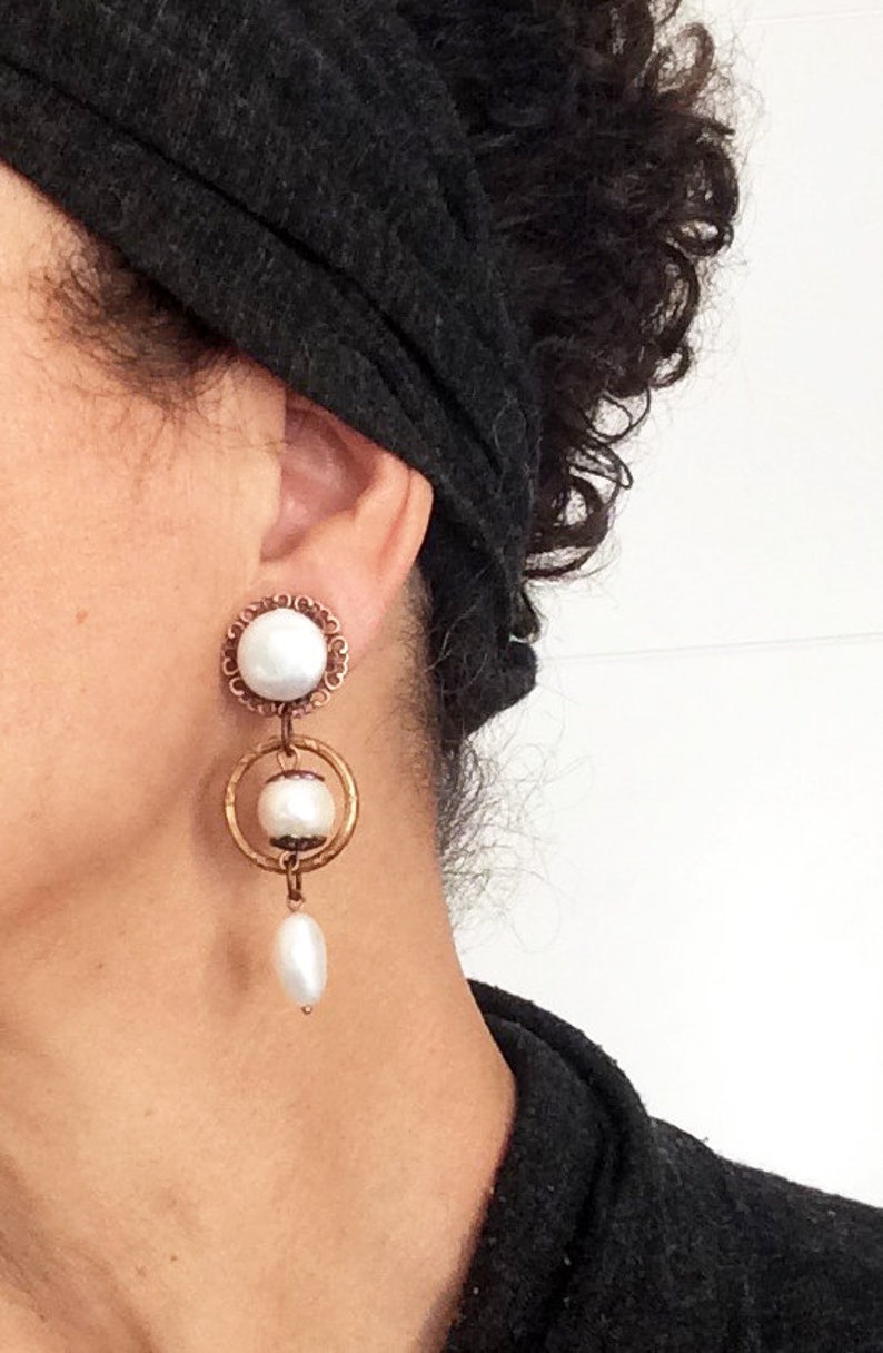 CLIPS on Earrings White /& Copper Earrings White Mother of Pearl Dangle drop Mother of pearl French design Handmade Nickel free Gift for her