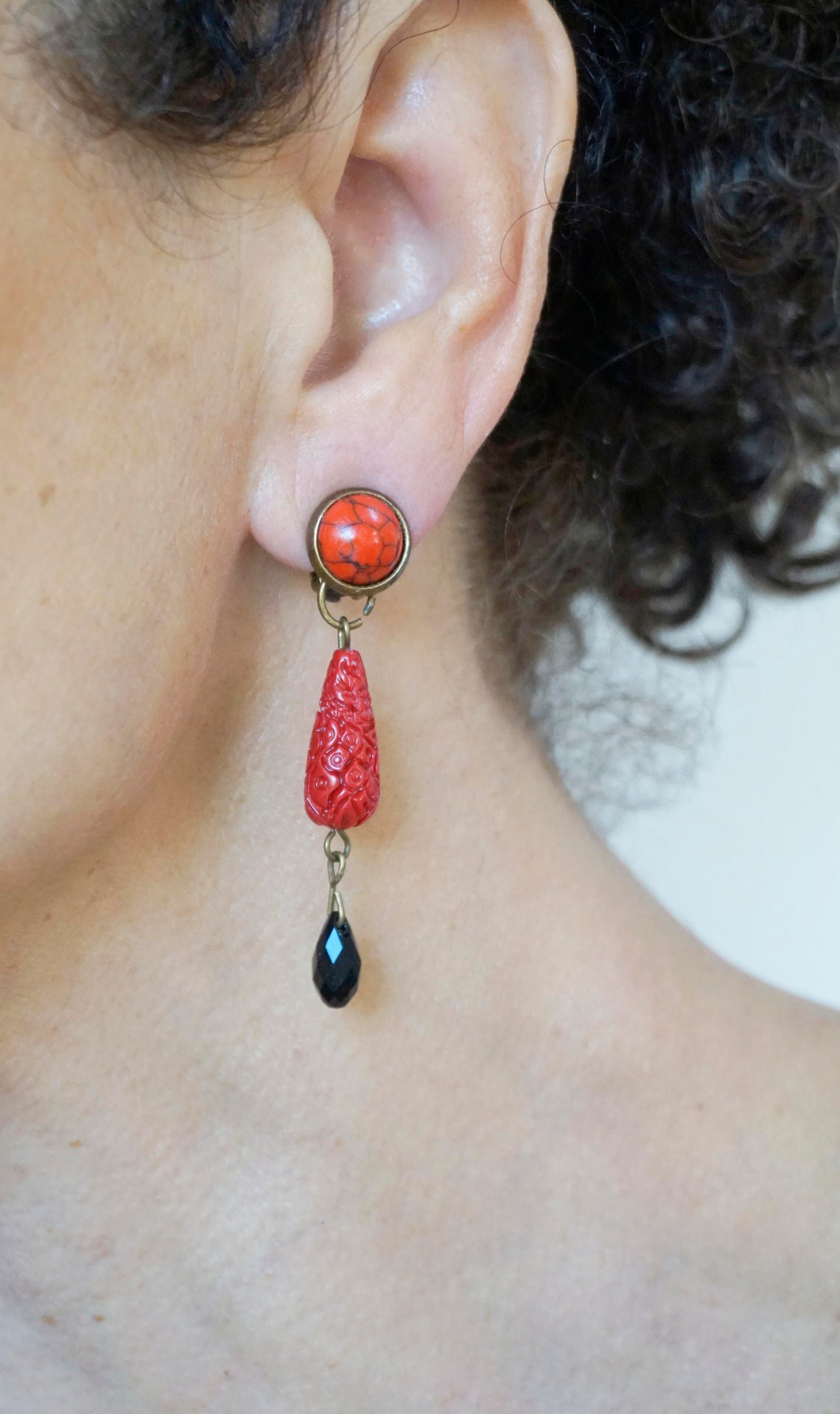 CLIP on Earrings Red & Black Earrings Howlite Gem Clips French Etsy UK