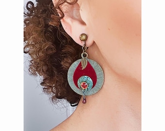 CLIP on earrings Patinated Brass Blue & Red velvet, shell, Crystal, French design Hand made Nickel free Gift for her