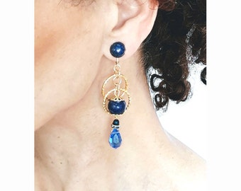 Lapis Lazuli CLIPS Boucles d'oreilles CLIPS bleu, Cristal & métal doré Boucles d'oreilles Bijoux Création française Sans nickel