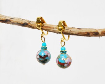 Boucles D'oreilles Clip Strass Doré Turquoise Perles Bleu Facetté - Fait Main, Unique - Neuf Sans Emballage