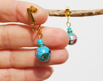Boucles D'oreilles Clip Strass Turquoise Et Perles Bleues - Doré, Fait Main, Unique