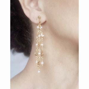 CLIP on Earrings White & Gold White fine beads pearl imitation Dangle French Design