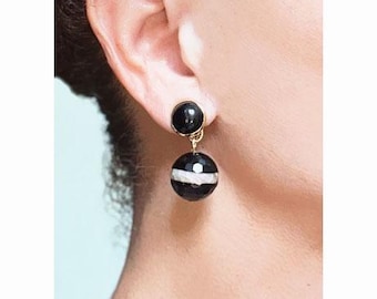CLIP on Earrings Black -White RARE Agate Gem with Onyx Cabochon.