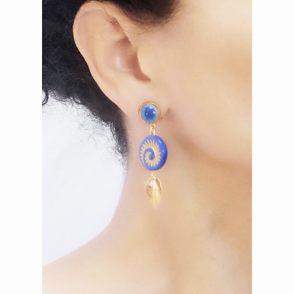 CLIPS Boucles d'oreilles Bleu & Doré perle escargot bleu Lapis Cristal Bohème, Céramique Bijoux créateur Fait main Création française