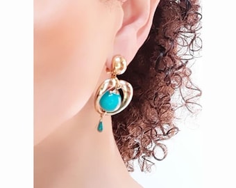 Boucles D'oreilles Avec Pierre Malachite - Métal Doré à Clips - Occasion