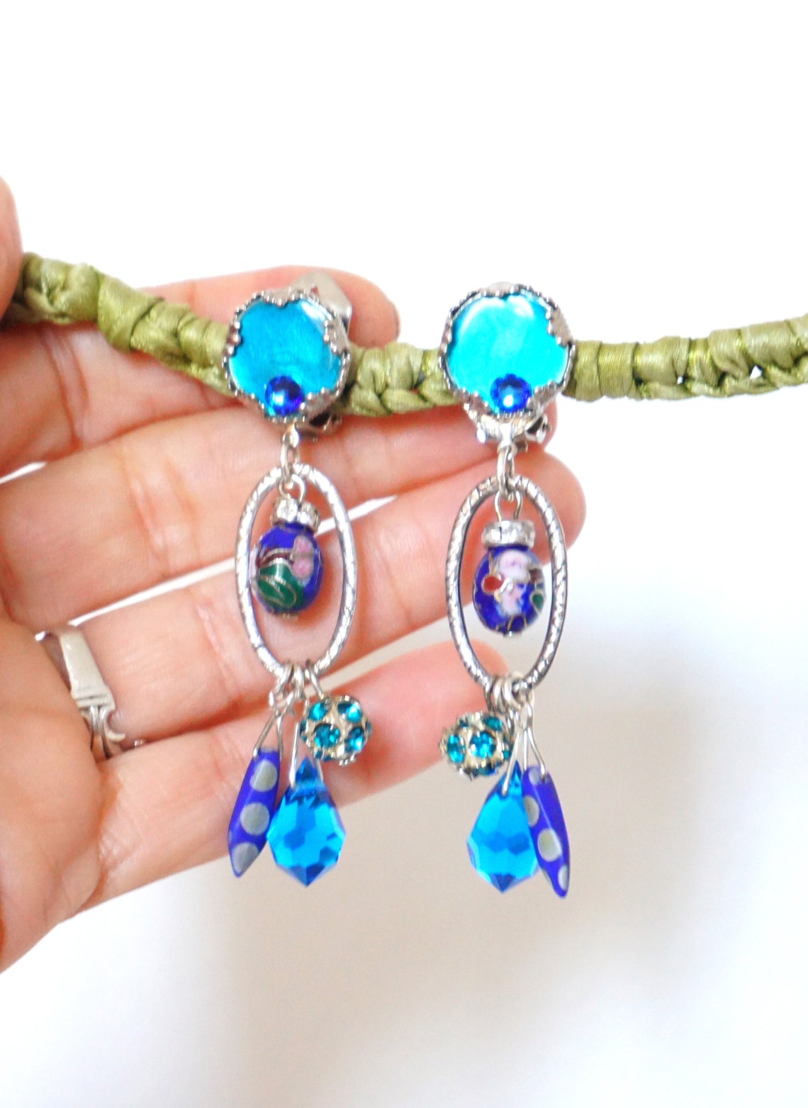 CLIP on earring Blue & silver Long earring Royal blue Etsy