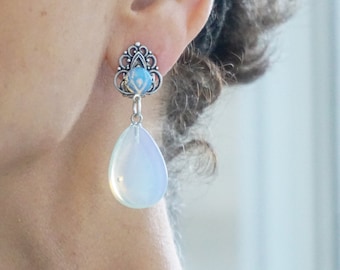 CLIP on Earrings White Opaline Gem Stone & silver Clip on  earrings Dangle drop French design Hand made Nickel free Gift Mother's day