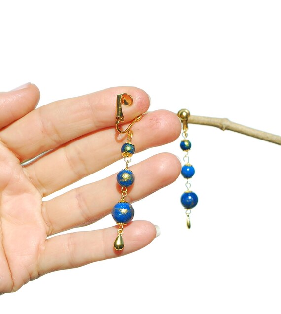 Boucles D'oreilles CLIP Perles Multicolores Doré Bleu Vert - Vintage - Occasion