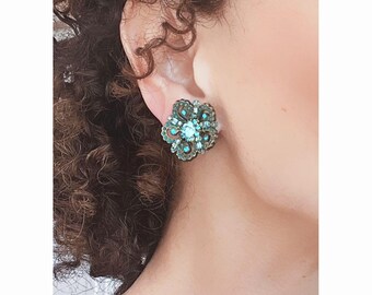 CLIP on Earrings  Vintage blue & Bronze, LOBE Clip on earrings Vintage brass , Swarovski Cristal ,French design