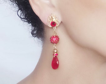 CLIP Boucles d'oreilles Clips Rouge & Doré perles de cristal Rouge Sarovski et gouttes pendantes Bijoux créateur Création française