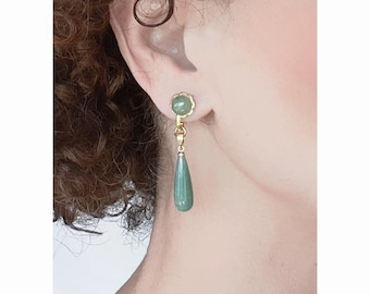 JADE & AGATE Gem CLIP on earrings on Gold Brass Dangle earrings French design Hand made Nickel free For her