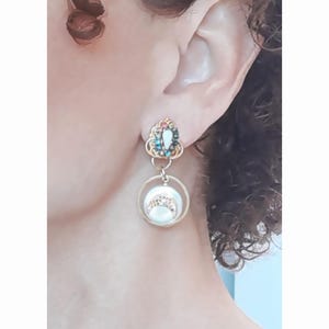 CLIP on Earrings White Mother of pearl & Gold  Earrings Dangle White Pearl Rhinestone French design  Handmade Nickel free Gift for her