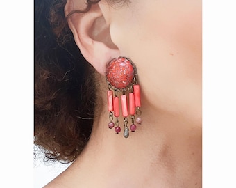 CLIP on Earrings  Rouge Corail & Bronze, Clips earrings Dangle, round glass cabochon, Mother of pearl, French design Hand made Nickel free