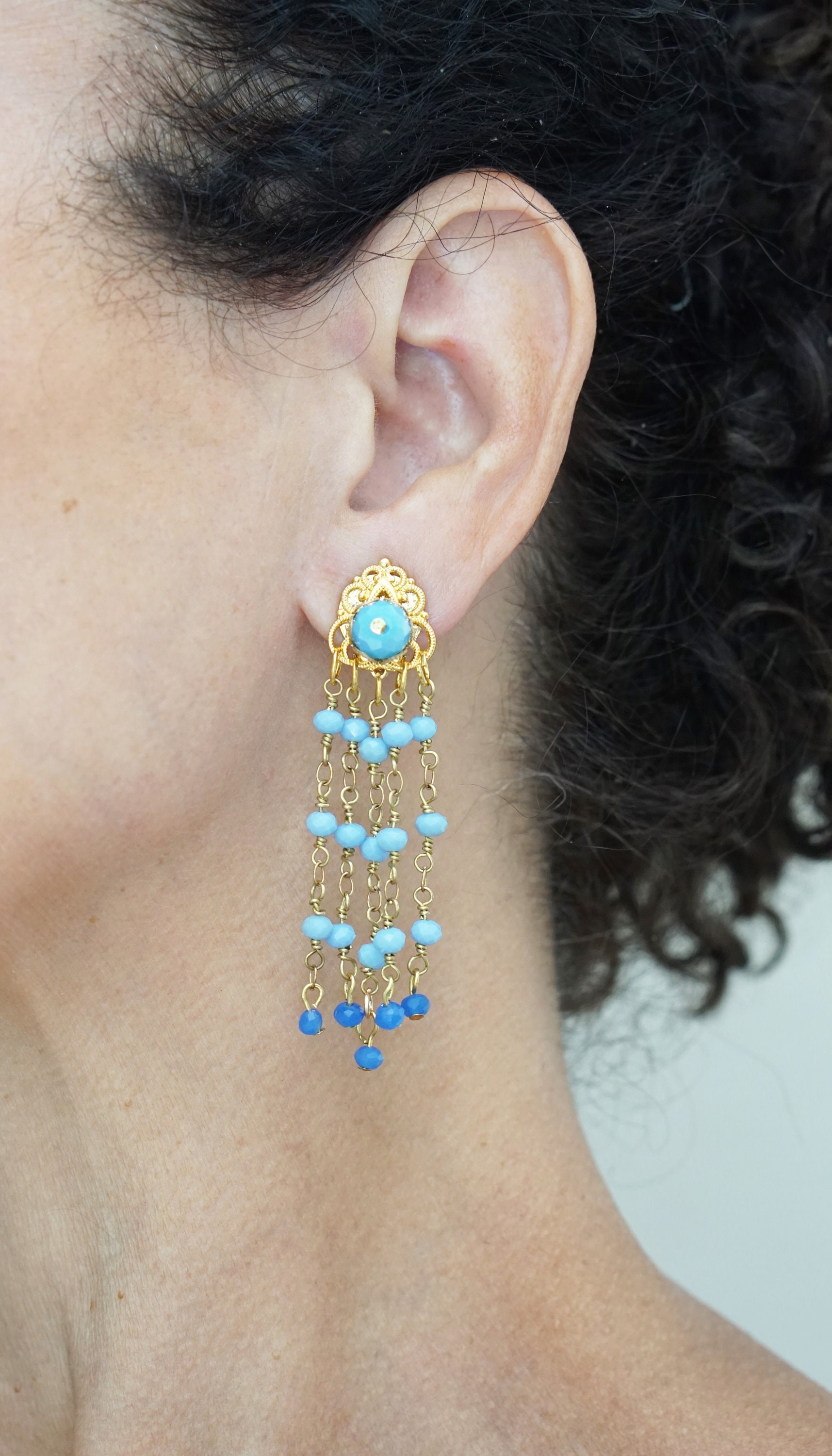 Boucles D'oreilles Fantaisie Clips En Cristal Bleu - Alliage, Occasion Bon état