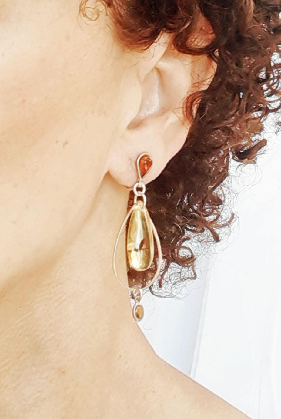 Boucles D'Oreilles Pierres D'Ambre Sur Métal Couleur Argent - Sans Nickel, N°5, Neuf Avec Étiquettes