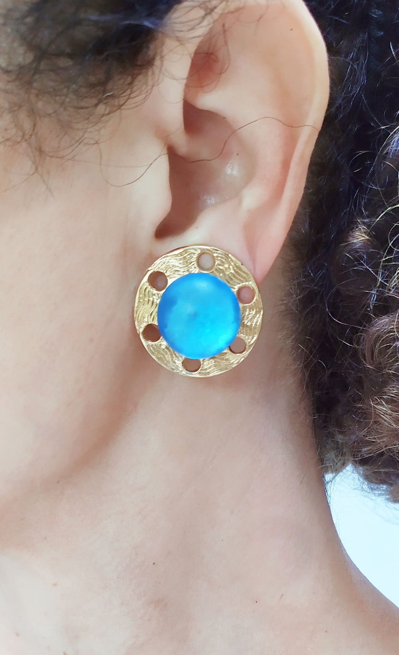 Boucles D'oreilles Vintage à Clips - Verre Bleu, Monture Dorée, Style Rétro Années 70
