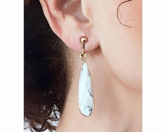Clip on earrings White stone Howlite & Gold Earrings Dangle drop  Gem French design Hand made Nickel free Gift for her.