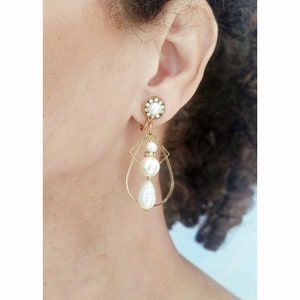 CLIP on Earrings White Mother of pearl & Gold  Earrings Dangle White Pearl Rhinestone French design  Handmade Nickel free Gift for her