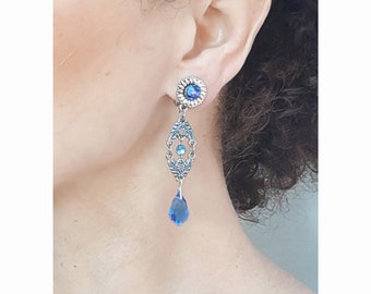 CLIPS on Earrings blue & Silver Dangle Clips Bohemian cristal teardrop French design Hand made Nickel free Gift for her