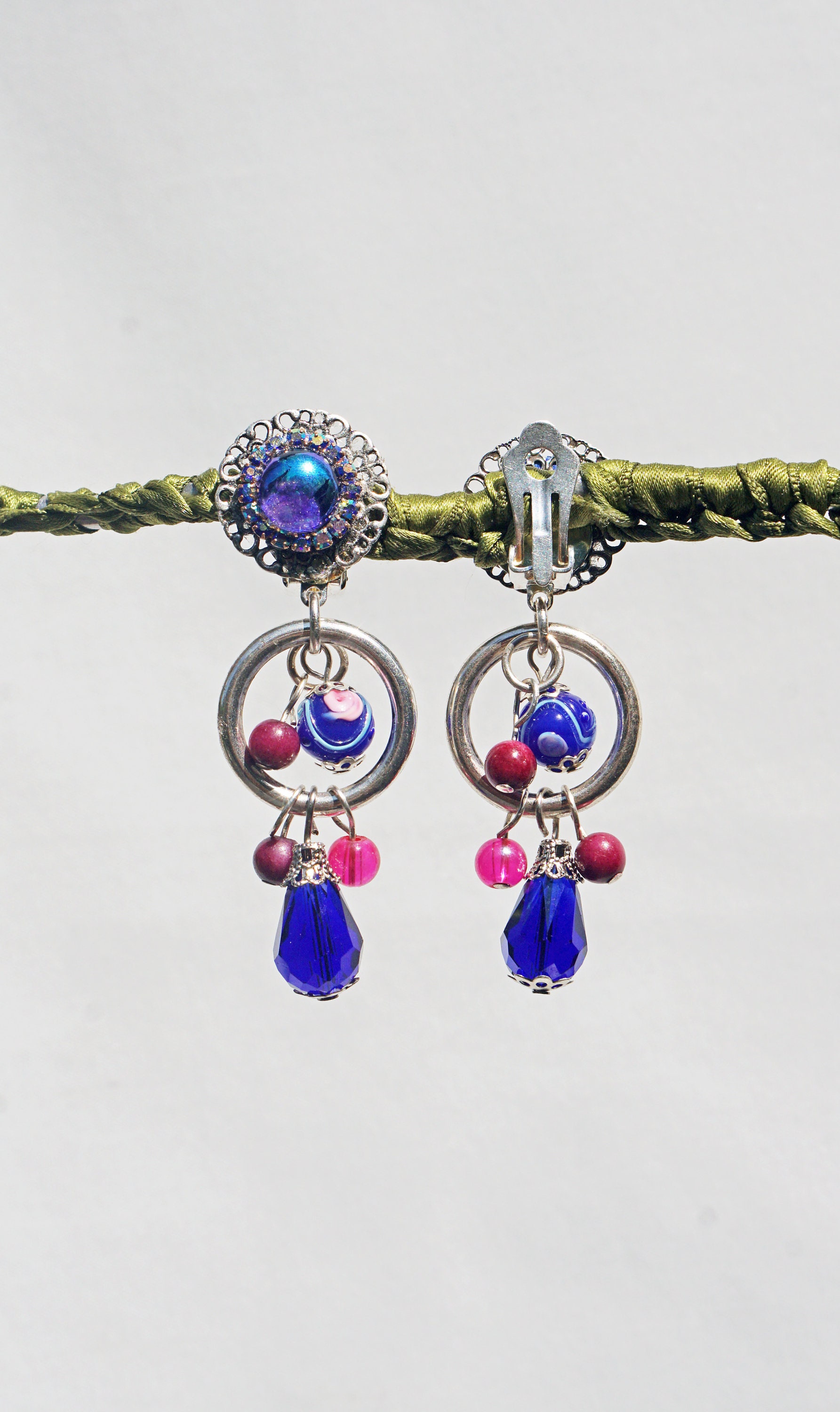 クリップピアス ダークブルー＆ピンク ボヘミアン ムラーノクリスタル