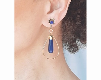 CLIPS Boucles d'oreilles Bleu Dur Doré en Agate & Pierre bleu Lapis Bijoux créateur Création Française fait main sans nickel