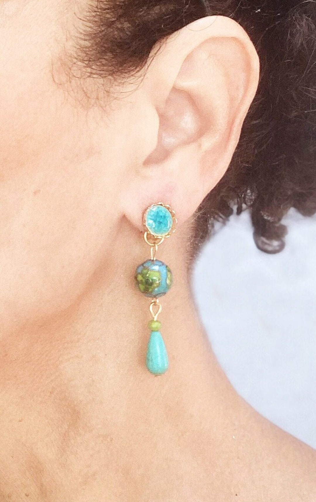 Boucles D'oreilles Pendantes Vert Turquoise Et Bronze – Clip, Pas Chères