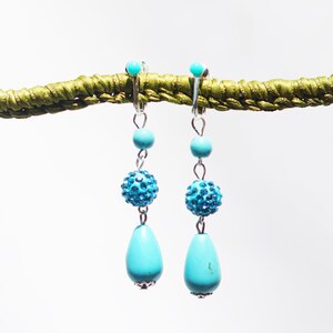 CLIP on earrings Clips Turquoise blue Howlite Gem & silver with Rhinestone ball Dangle drop French design Hand made Nickel free Gift for her