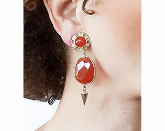 CLIP on earrings Red Carnelian Gem stone (Rust Red) & Cat Eye on Gold , Clip Earring Dangle, French design Hand made Nickel free