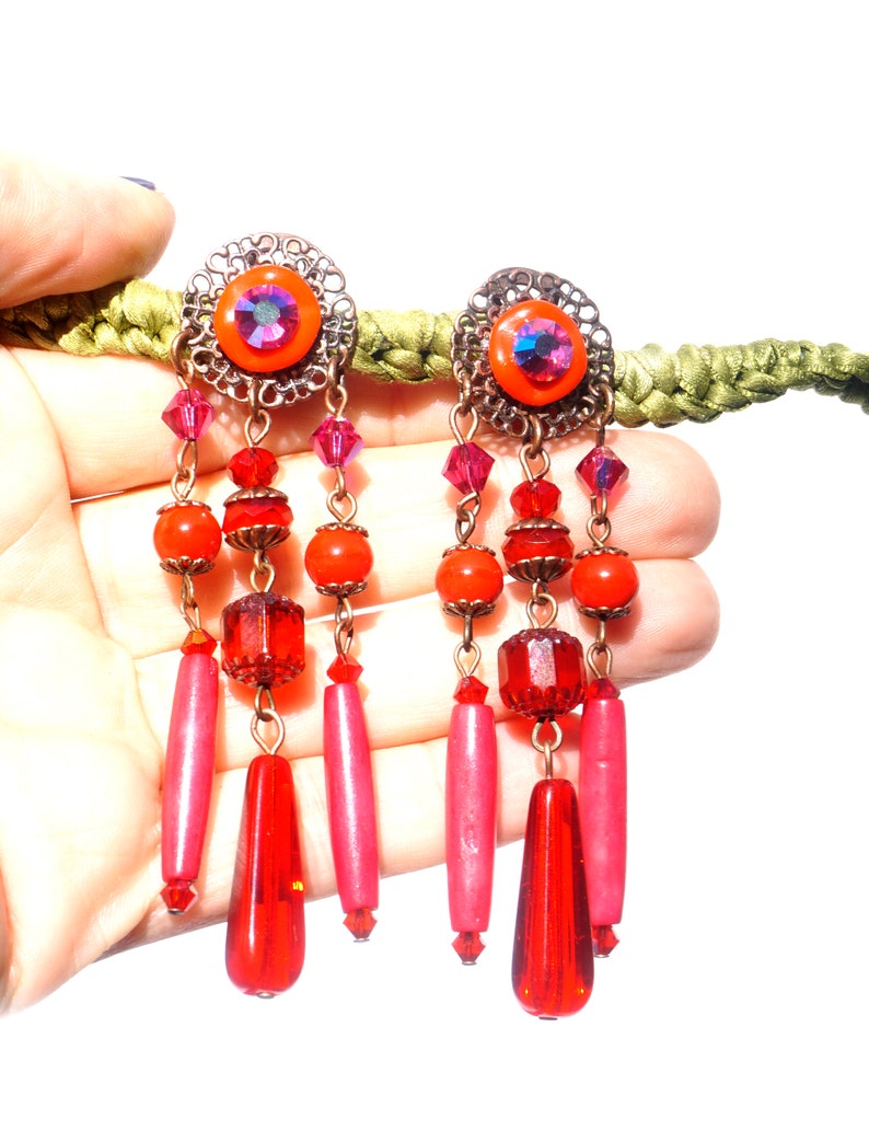 CLIPS on Earrings Red-Pink Fuchsia /& Copper Clips earrings Dangle Chandelier Crystal Beads French design Hand made Nickel free Gift for her