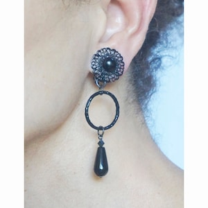 CLIP on Earrings Black Onix & dark metal Clips on Earrings Dangle drop Bohemian Crystal French design