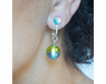CLIP on Earring blue / green Murano Glass Venise Crystal Short dangle French design Hand Made Nickel free Gift for her