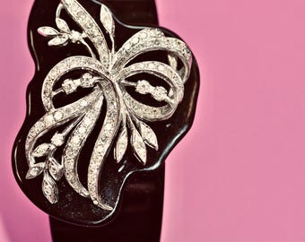 Bracelet manchette floral art déco diamants platine - bijoux fusion en résine galalithe vintage des années 1930