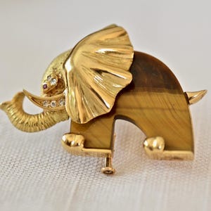 Vintage 18K Gold Elephant Brooch: Diamond, Ruby, Tiger Eye - French Hallmarks