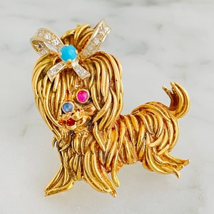 18K Gold Shih Tzu Brooch: Diamond Bow, Ruby, Sapphire, Turquoise, French Marks