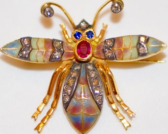 Bee Gold Bug Fly Brooch Émail plique à jour dans des tons pastel dans des cellules en or 18 carats Rubis rose à facettes Diamants Saphir Or 750