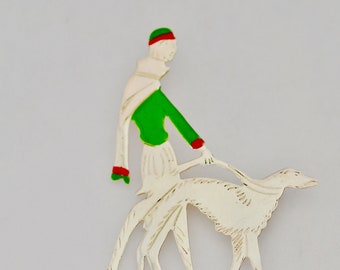 Art Deco 1930s Jewelry Silhouette Brooch of Elegant Lady With Borzoi  Sterling Silver and Enamel