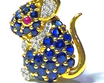 Vintage Sapphire Mouse Brooch: Diamond, Ruby, 18K Gold, 1960s