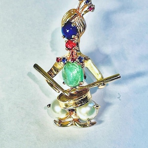 Art Deco 14K Gold Gemstone Brooch: Musician with Emerald, Sapphires, Rubies, Pearls