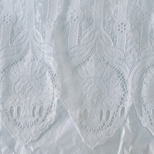 May include: White lace fabric with a delicate floral pattern. The lace has a scalloped edge.