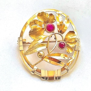 Art Nouveau 18K Gold Flower Brooch: Antique Ruby Belle Époque Pin