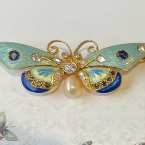 18K Gold Aqua Enamel Butterfly Brooch: Diamond, Sapphire & Pearl, Vintage 1990s